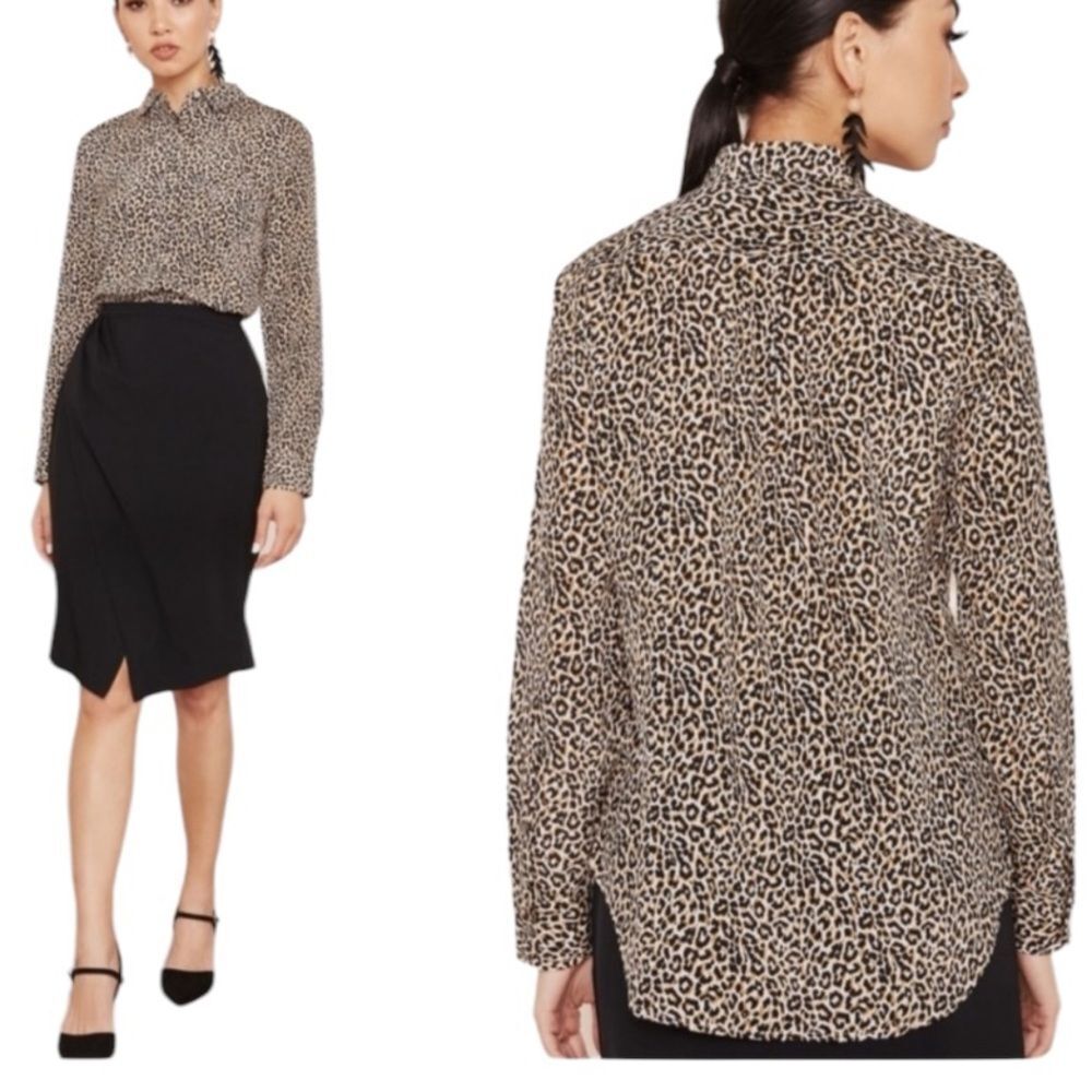 J Crew New 100% Silk Leopard Print Long Sleeve Button Down Blouse Relaxed Fit